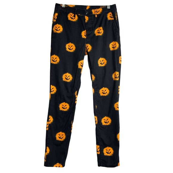 Asos Jack O Lantern Printed Chino Pants Mens 30 Black‎ Orange Halloween - Picture 1 of 9